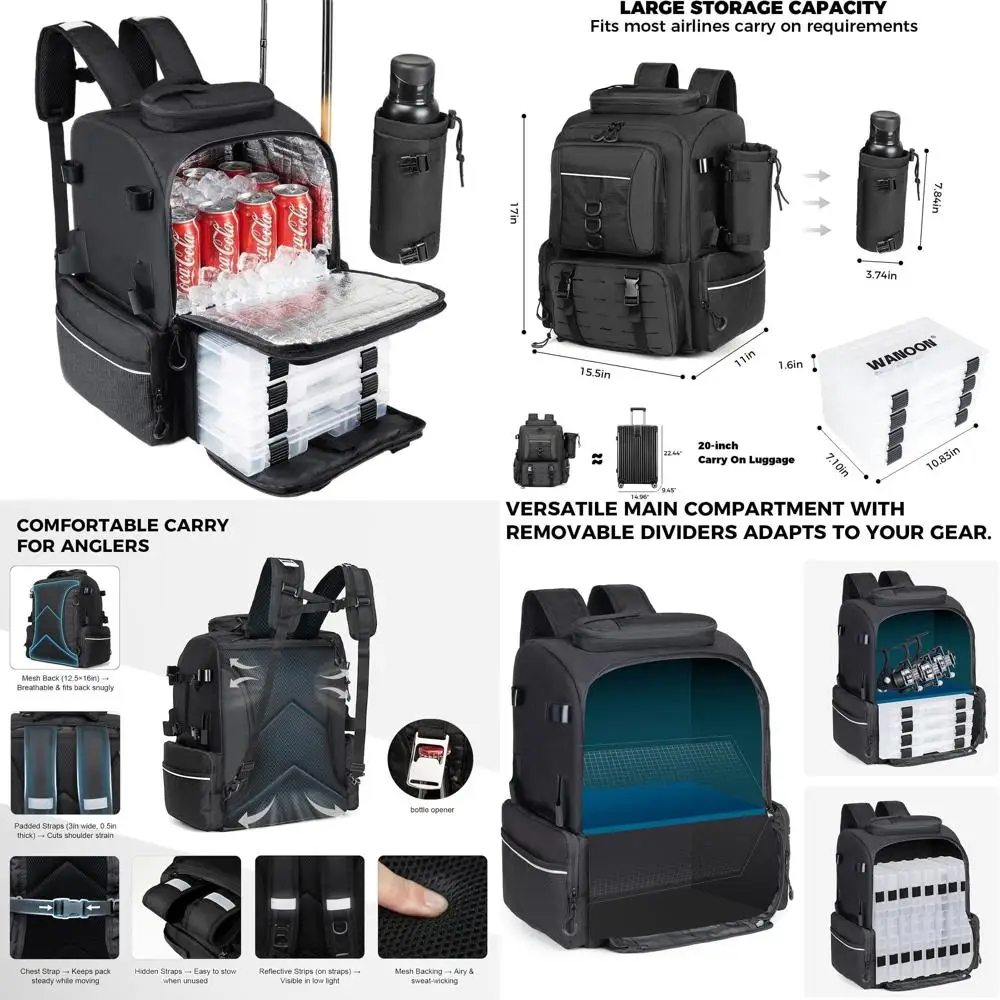 

45L Waterproof Fishing Backpack with 4 Tackle Cases, Comfortable & Durable, Insulated Bait Pocket, 4 Rod Holders