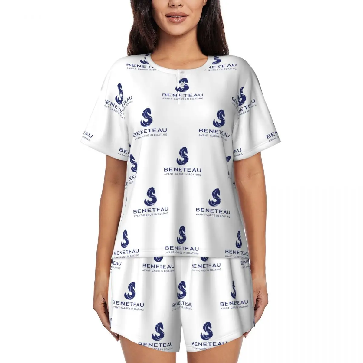 

Beneteau Sailboat Sailing Yacht Round Neck Short Sleeves Nightdress for Sleeping Sleepshirts Women Loose Pajama Set Short Pants