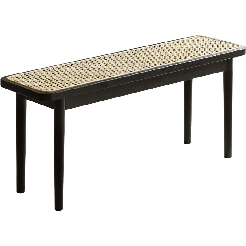 모던하고 심플한 원목 긴 벤치 의자, 블랙 천연 등나무 직조 벤치 침대 의자, 다이닝 룸 거실 벤치