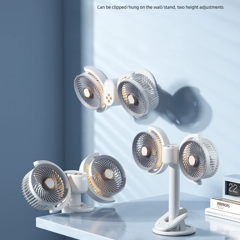 Dual Head Air Circulator Fan USB Light Timer Desktop Clip Wall Mount Long Battery Life for Bedroom Study Home Daily Use 서큘레이터