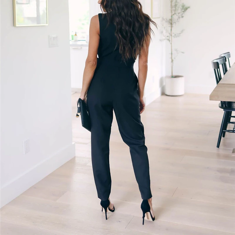 Women Solid Bandage Casual Jumpsuits 2024 Summer Fashion Lace Sleeveless V-neck Pocket Long Pants Rompers Black Jumpsuit Female