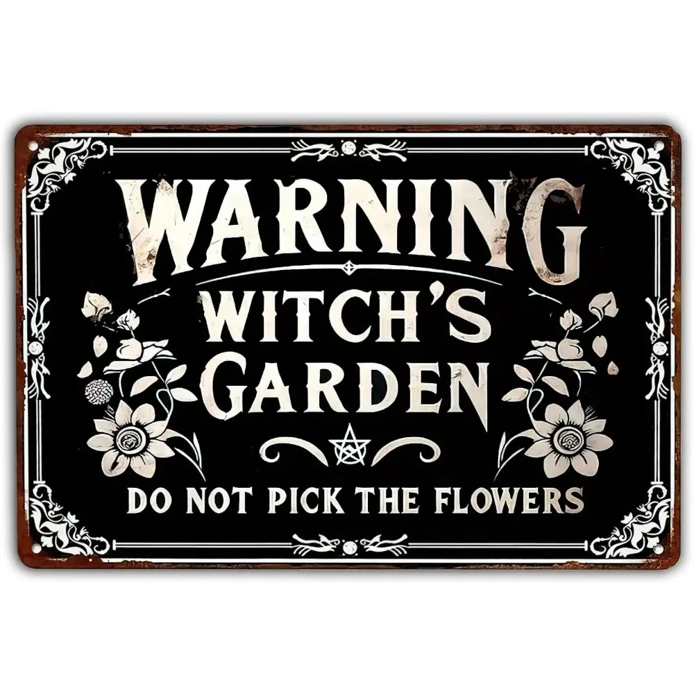 1 Stück „Warning Witch's Garden No Flower Picking“ Retro-Blechschild – Hexen-Halloween-Metalldekor-Poster für Zuhause