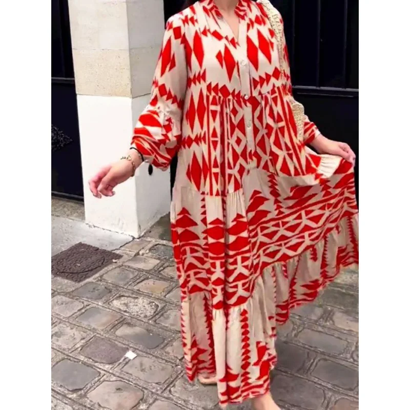 

Elegant Summer Maxi Dress Women 2023 Casual Streetwear Vintage Geometric V Neck Boho Beach Long Loose Dresses Female Vestidos