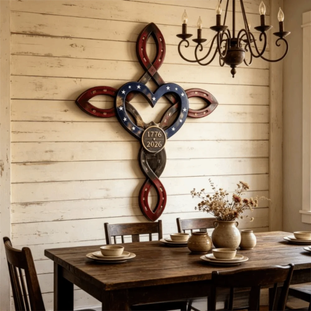 Metal Material Metal Wall Art Natural Finish Heart Shape Horseshoe Decor Cross Design Hanging Pendants Garden Ornaments