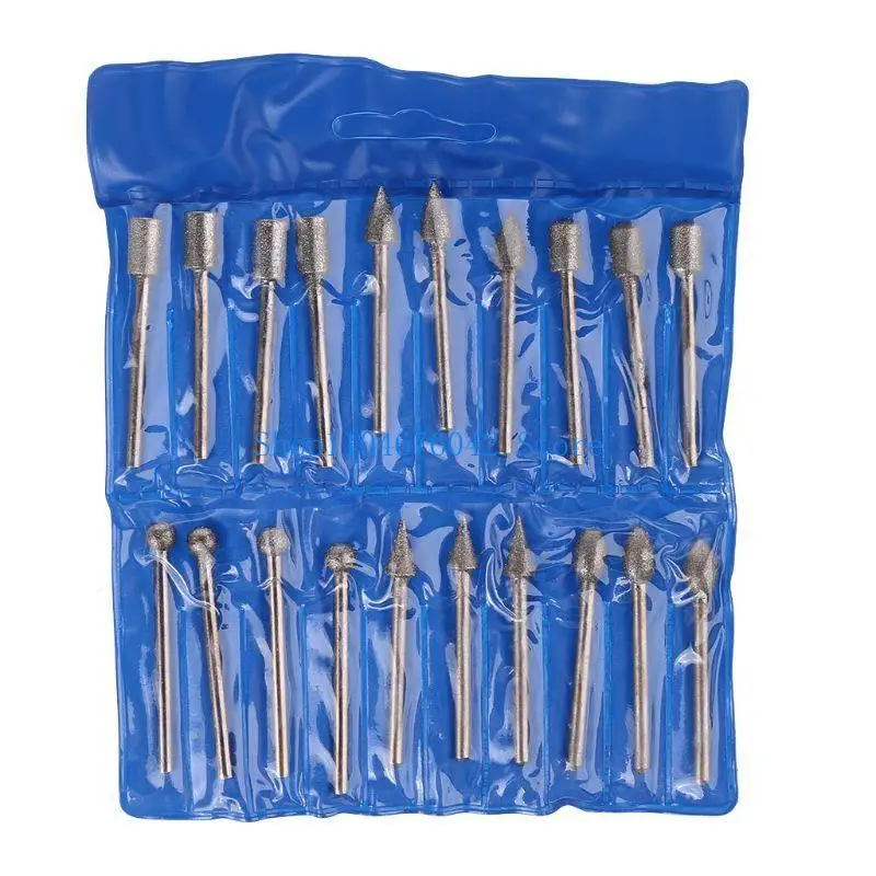 

652F 20 Pcs Diamond Grinding Burr Drill Bit Diamond Burr Set Rotary Tool Accessories for Stone Carving DIY Grinding Polishing