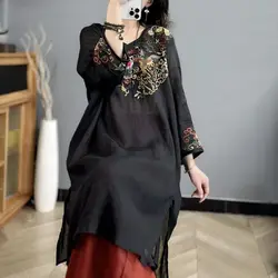 Summer Ethnic Style Vintage V-neck Embroidery Slanted Lapel Solid Color Cotton and Linen All-match Female Long Sleeved Dress