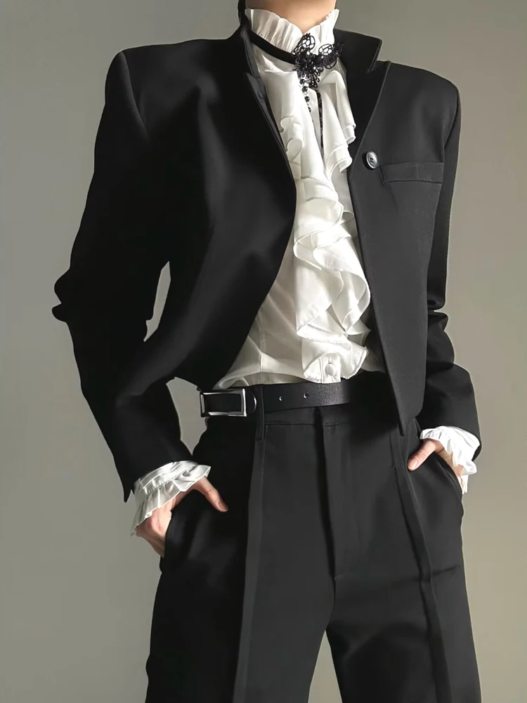 

Slim Fit ort oulder Pad Men's Suit Casual Stand Collar Jaet Faion Urban Sle Autumn Wear Long Sve Single Button