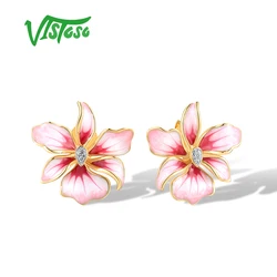 VISTOSO Genuine 14K 585 Yellow Gold Stud Earrings For Women Sparkling Diamonds Pink Enamel Flower Wedding Bride Fine Jewelry