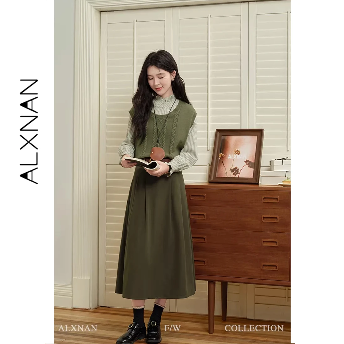 

ALXNAN Зеленый вязаный жилет с круглым вырезом и 3D-узором, весна 2026, новинка, винтажный повседневный пуловер без рукавов QYM002235