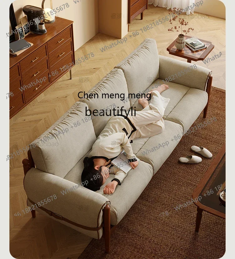 Art French retro solid wood sofa new living room small apartment rubber wood three-person fabric sofa