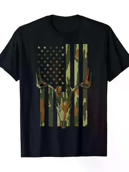 

Camo US Flag Deer Skull Vintage Hunting Patriotic Hunt Dad T-Shirt