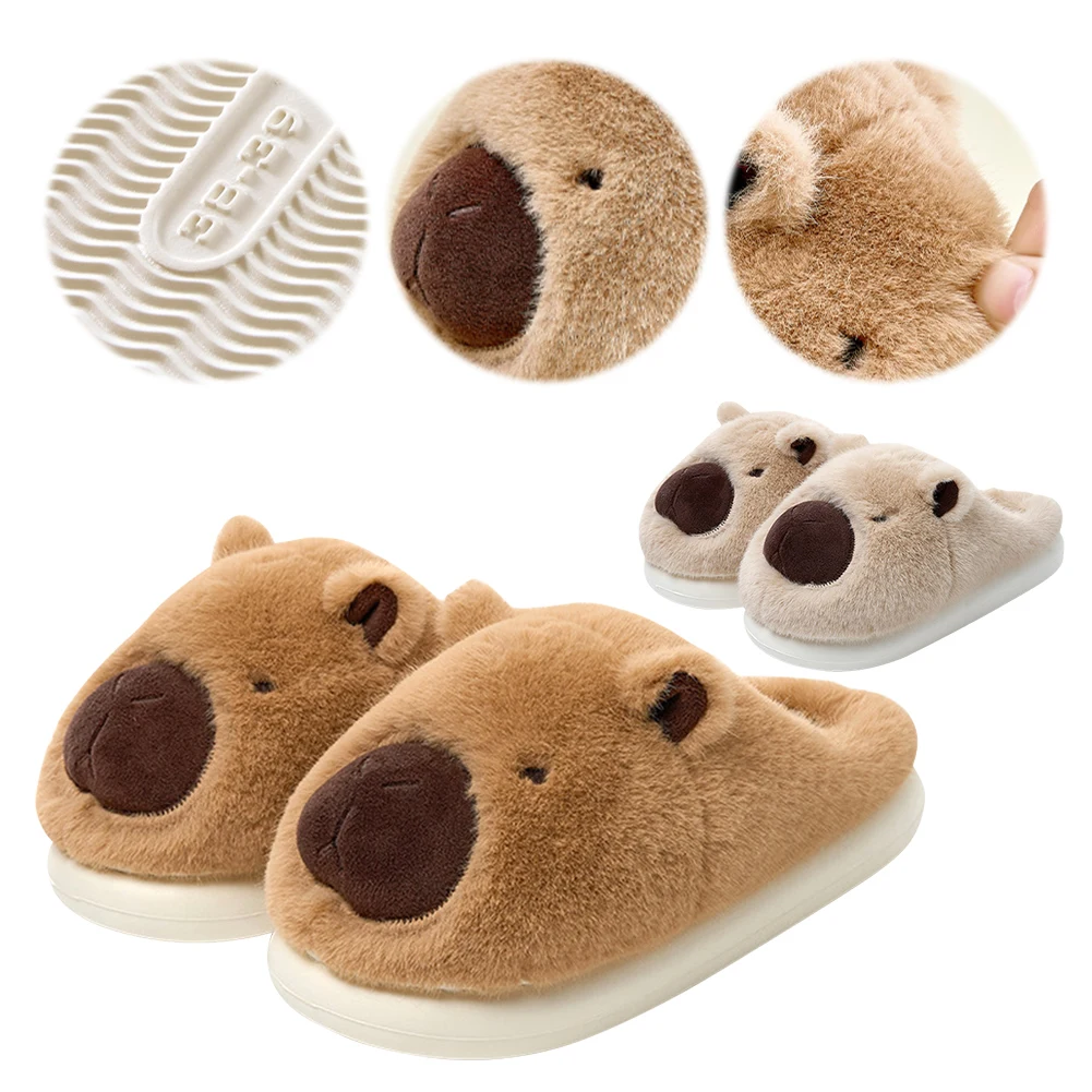 Cute Cartoon Capybara Plush Slippers Half Wrap Heel Home Soft Non-slip Warm Breathable Indoor Plush Shoes Couple Slippers