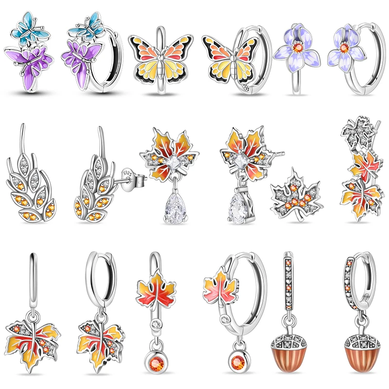 Classic Earrings 925 Silver Autumn Maple Leaf Ear Of Wheat Hoop Butterfly Cone Earring For Women Birthday Fine Jewelry Warm Gift