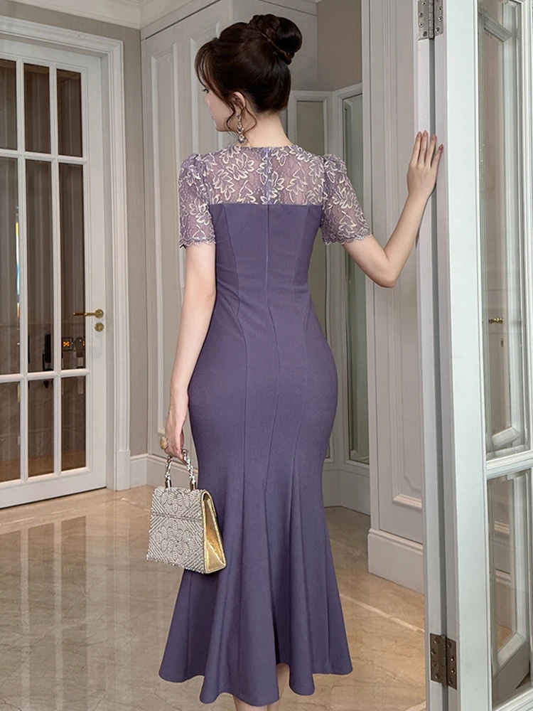 Women Clothes Sweet Lace Sheer Sexy Square Neck Slim Fishtail Dress Elegant Party Birthday Vestidos Long Robe Casual Summer New