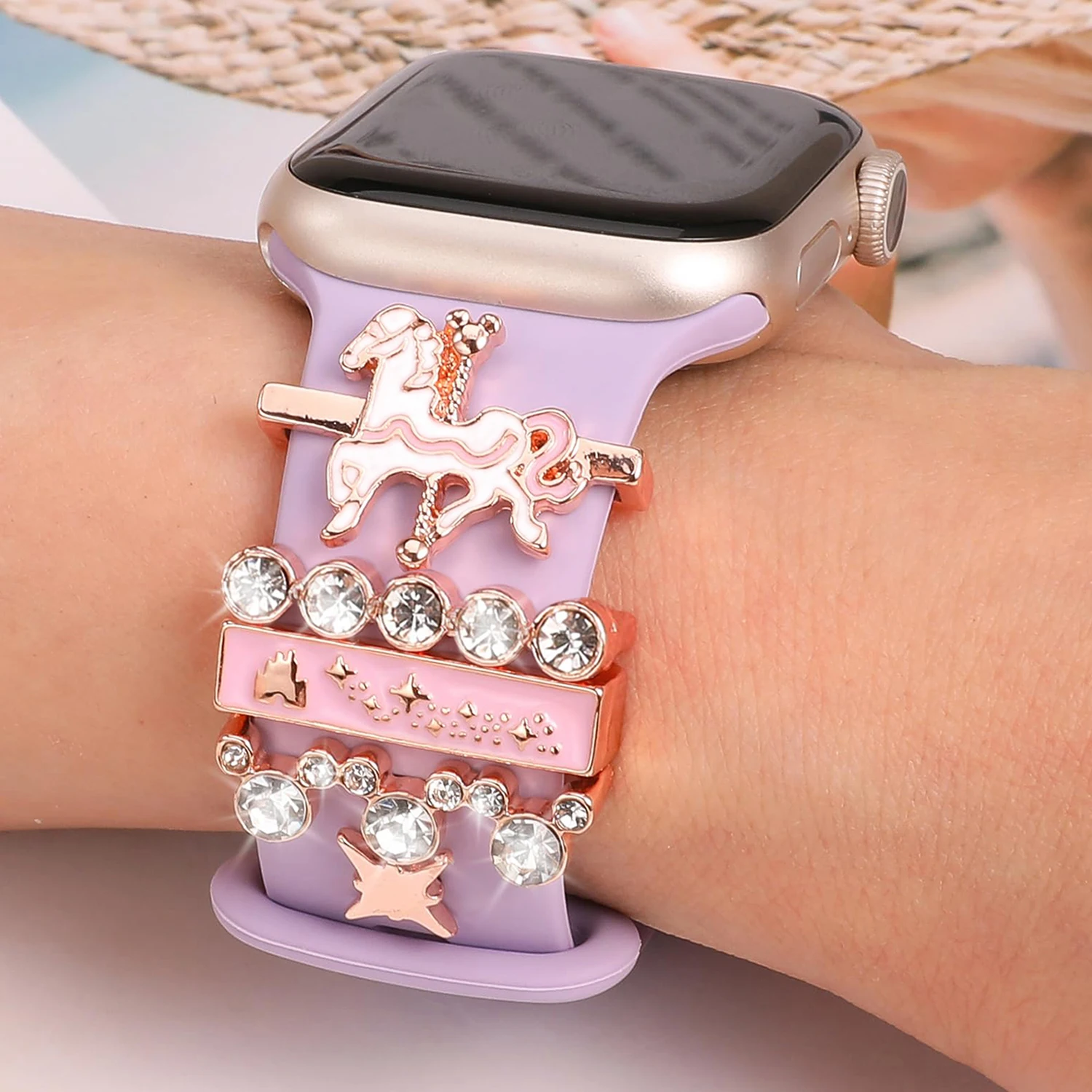 Carousel Decorative Ring Set for Apple watch silicone band Pink Bow strap charms for Smart Watch Bracelet Jewelry