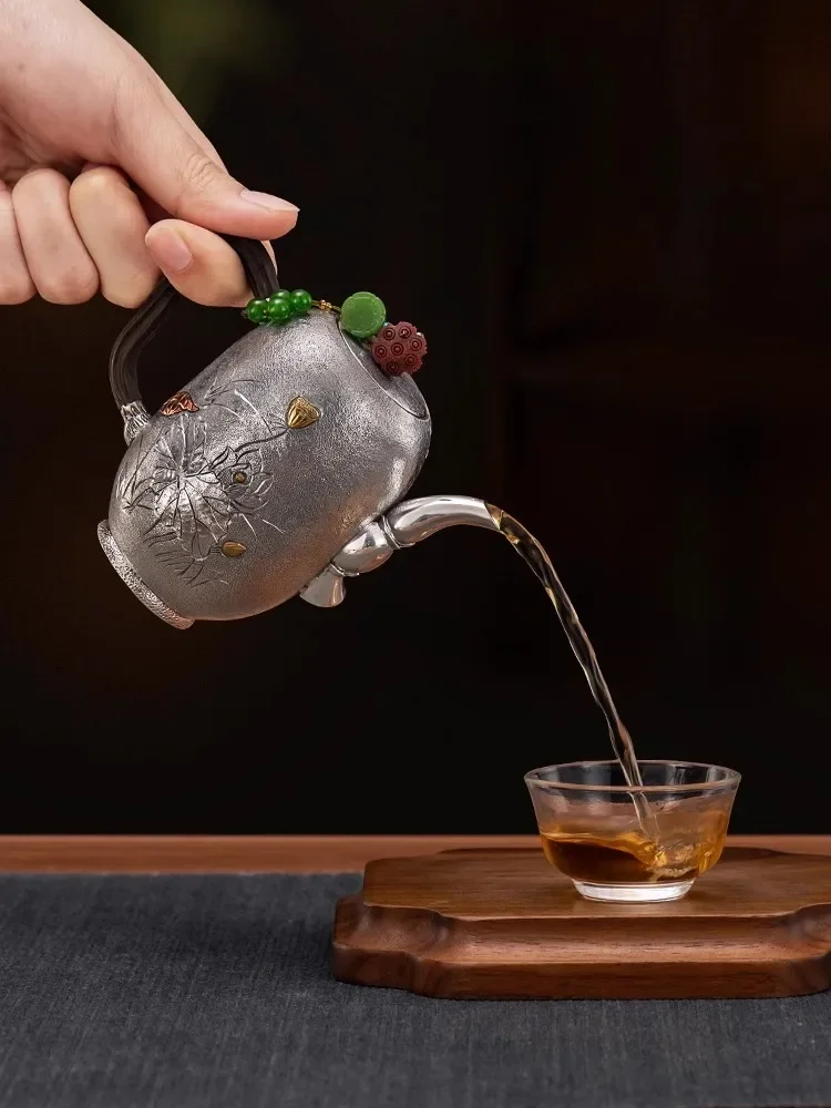 

Pure Silver 99.9% Tea Pot Chinese Style Snacks Lotus Pond Yaqu Household Tea Ceremony Gift Silver Tea Set Silver Pot