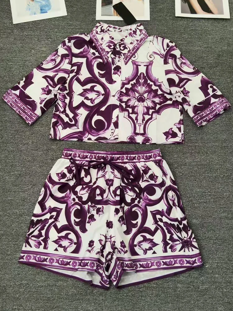 

Purple printed lapel short sleeve waist-exposed shirt top summer new sexy women's pants high waist shorts fashion two-piece suit