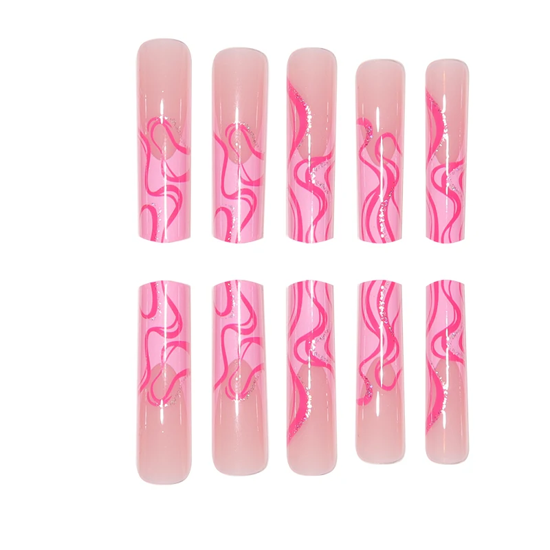 24 Pieces of Extra Long Coffin Shaped French&irregular Lines with Sparkling Pink Gloss Fake Nails&1 Nail File and 1 Jelly Sheet