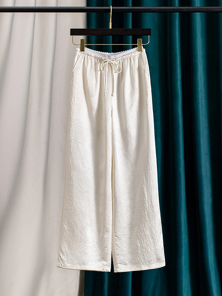 

High-End Acetate Satin Women's Trousers Folded Texture White Narrow Version Casual Summer Straight Leg Long Pants