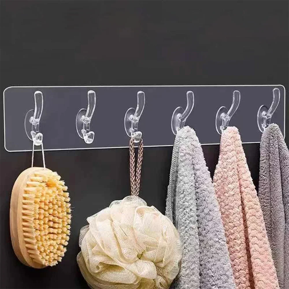 Transparent Nail-Free Wall Hook A Row of Traceless Hooks Wall Hanger Self Adhesive Plastic Hooks for Keys Kitchen Bathroom Door