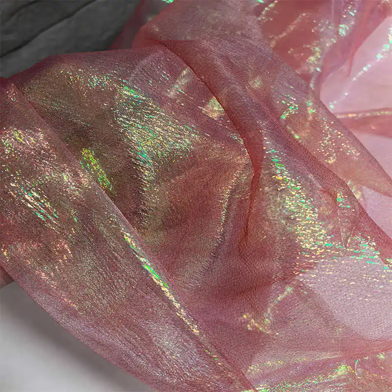 Gradient Iridescent Laser Pleated Mesh Fabric for Handmade DIY Wedding Decoration Fashion Apparel Designer Diy Sewing Cloth
