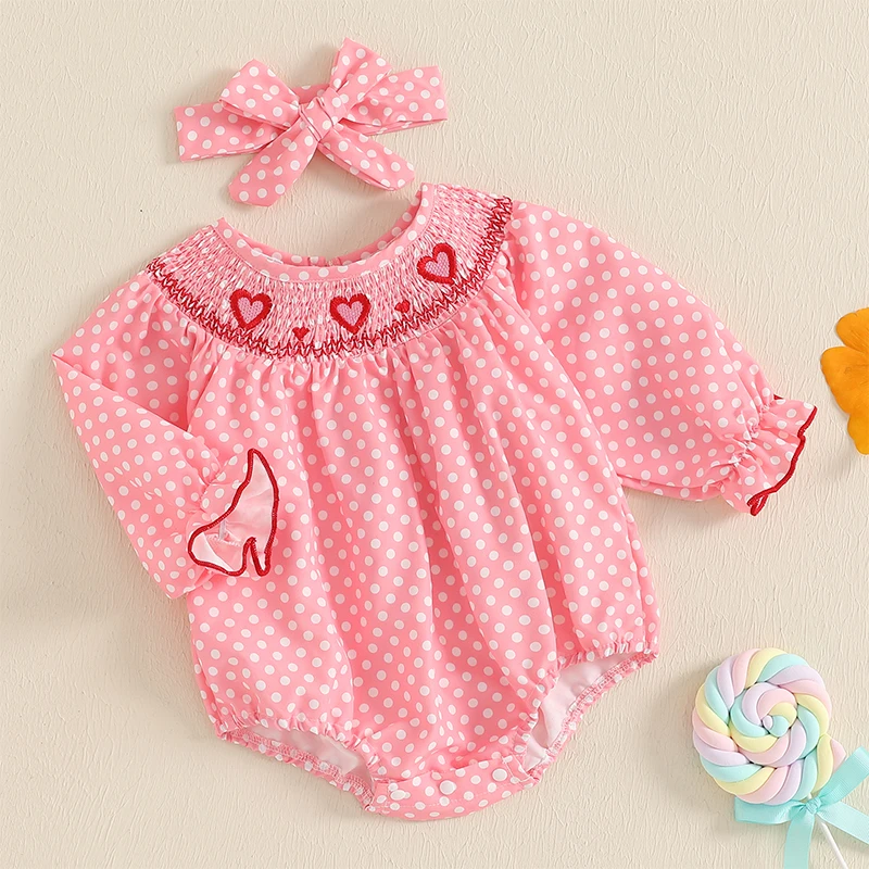 Toddler Girl Valentine s Day Romper Heart Embroidered Dot Long Sleeve Smocked Round Neck Ruffled Fall Jumpsuits Headband