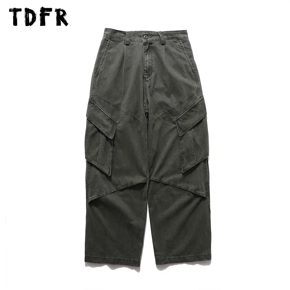 

Multi-Pocket Spliced Cargo Pants Mens Solid Color Washed Distressed Safari Style Elastic Waist Loose Wide Leg Trousers Men