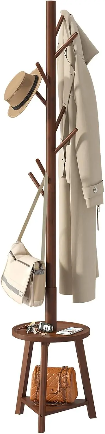 

Freestanding Bamboo Coat Rack with 2 Shelves and 8 Hooks, Easy Assembly for Hallway Office Floor