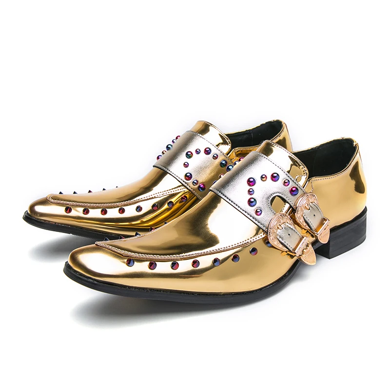 

Men Patent Leather Shoes Pointed Toe Business Casual Buckle Loafers Wedding Office Slip On Shoes Meeting Singer Stage Wear