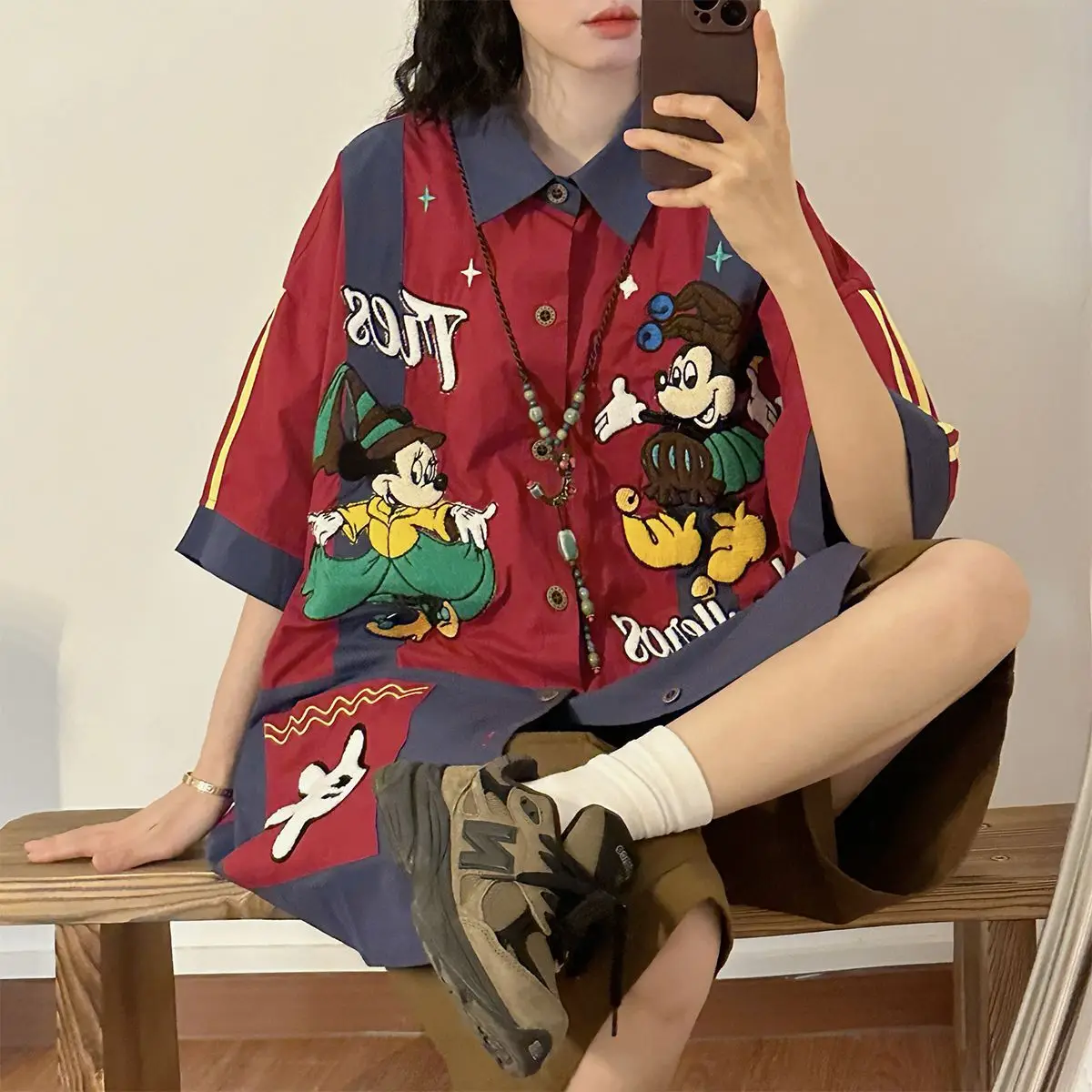 

Disney Mickey 2025 Summer American Splicing Color Shirt Fun Cartoon Design Fashion Short Sleeved Top Women Versatile Casual Top
