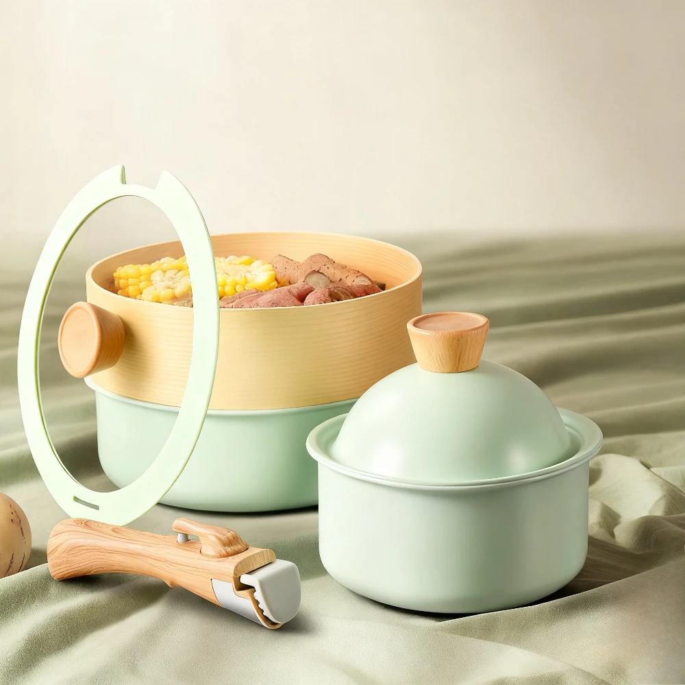 アルミ鍋セット スープポット ミルクポット 取り外し可能なハンドル付き ノンスティックフライパン 二重底 厚手 家庭用キッチンツール