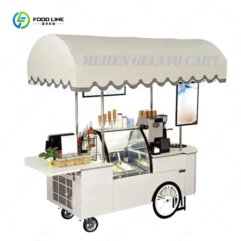 White Ice Cream Push Cart with Wheels Mobile Trolley Snack Freezer Display Vending Street Commercial OEM Customized