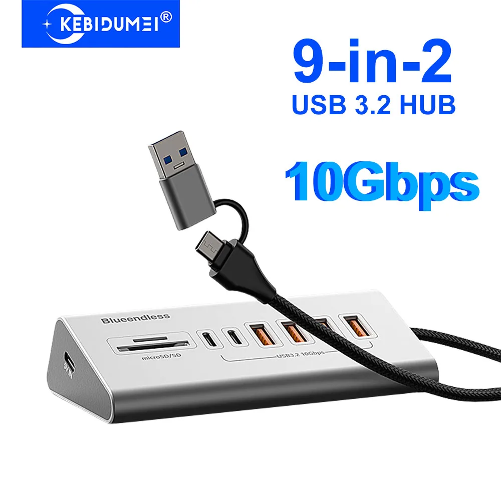 

USB 3.2 10 Гбит/с-концентратор USB-док-станция Тип C Разветвитель с устройством чтения карт Алюминиевый сплав Мульти 8/9 портов Переключатель для ПК Ноутбук