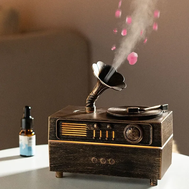 Ultrasonic Essential Oil Humidifier Aromatherapy Machine with Bluetooth Remote Control for Simulation Phonograph Desktop Use