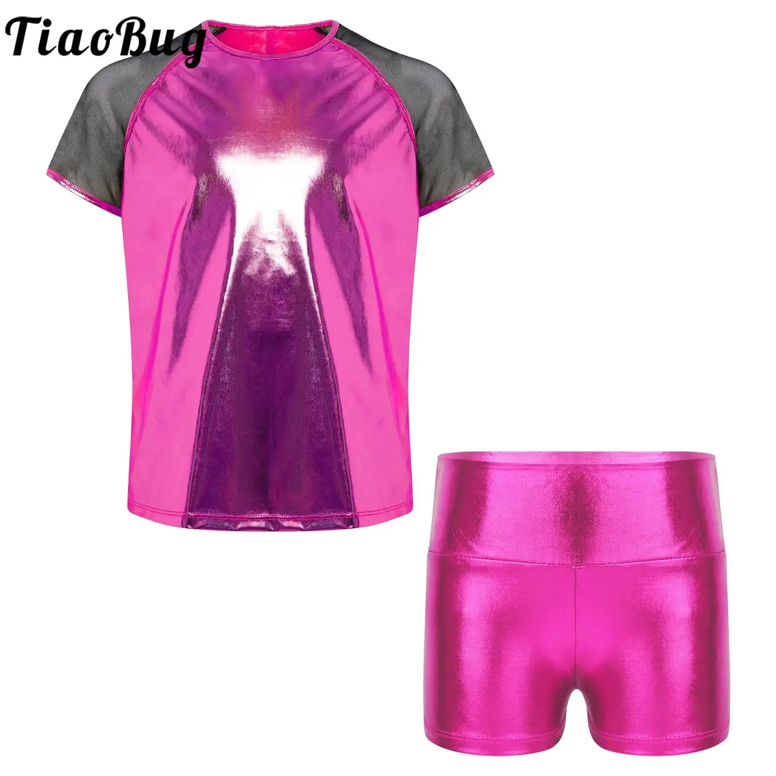 Kids Hip-Hop Jazz Dance Outfits School Party Street Dancewear Sheer Mesh Short Sleeves Metallic T-shirt Blouse with Shiny Shorts