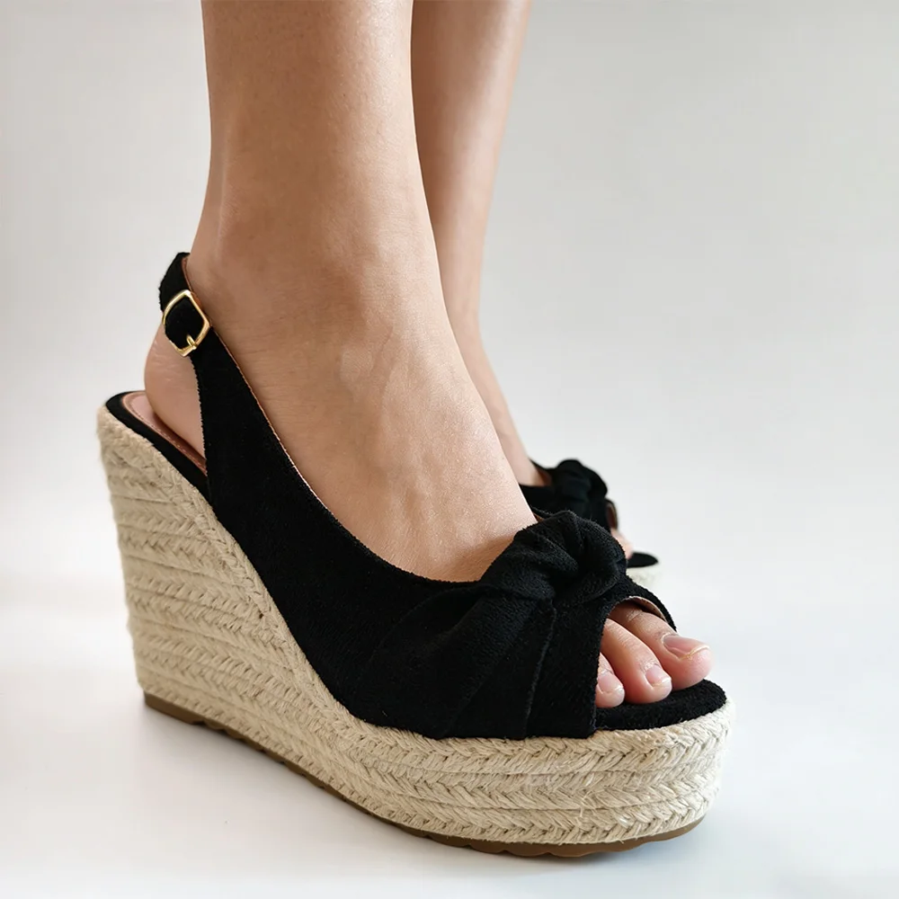 2026 Summer Women's Black Espadrille Wedge Sandals Fashion Ladies Platform Sandals Wedge Heel 10cm Big Size 42 DX909