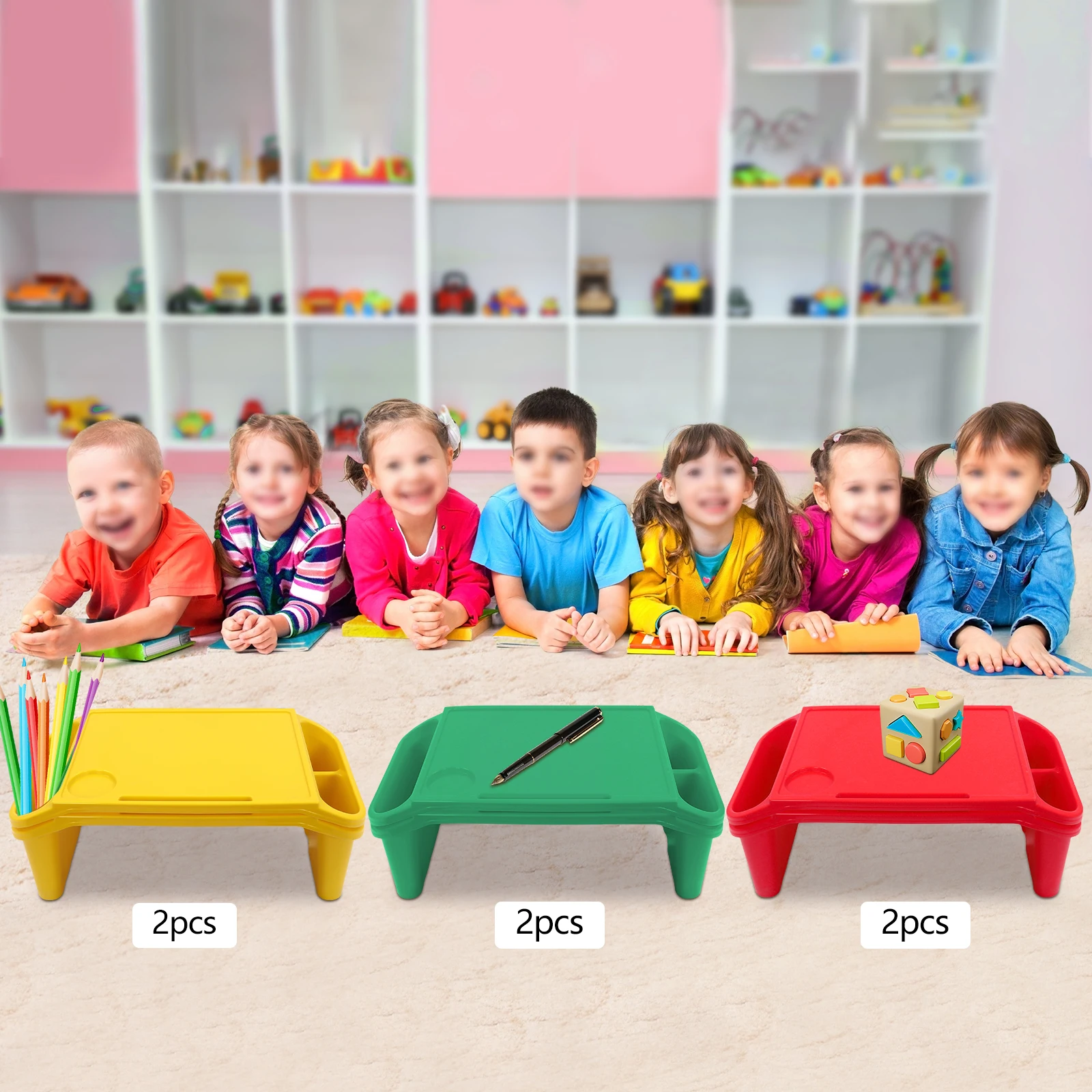 6Pcs Red Green and Yellow Children's Lap Table with Side Storage Multifunctional Movable Dining Table Used in Kindergartens