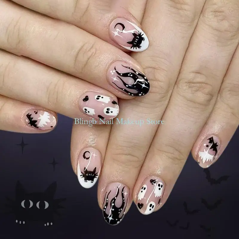 

28TA Halloween Press on Almond French Tips Fake Acrylic with Flower Bat Designs on for Womens