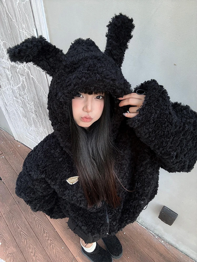 

2025 New Korean Sle ort Thiened Eco-friendly Mouton Jaet Women's Casual Lamb Fur Coat Winter Warm Zipper Closure