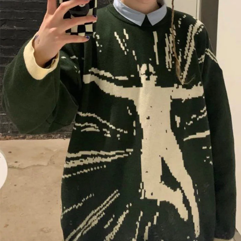 2024 Green Hip Hop Street Gothic Wool Vintage Pullover Knitted Sweater for Men and Women Y2K Harajuku Punk Style Sweater EMO