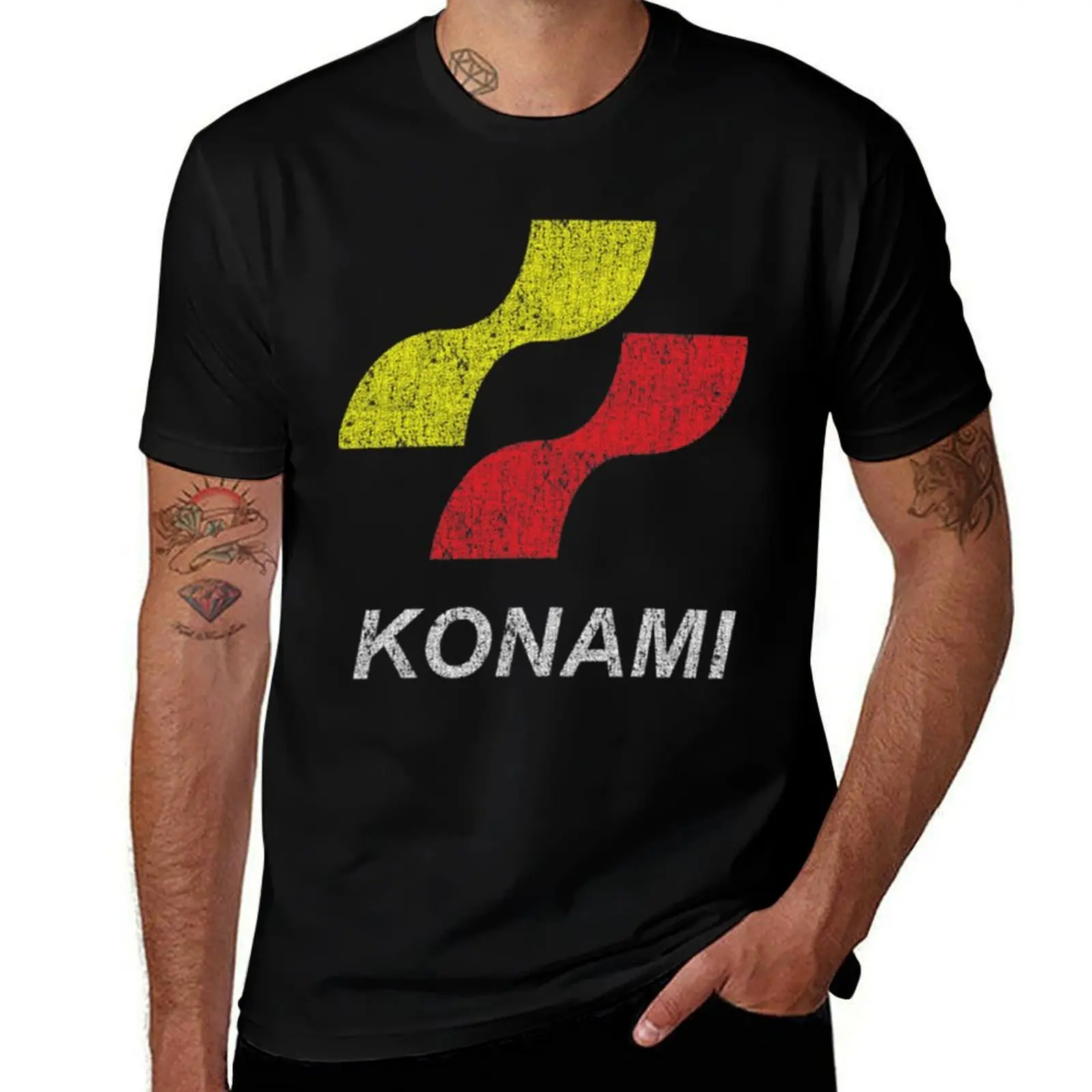 Футболка с логотипом Konami (оригинальный дизайн - с эффектом потертости) для фестивалей, повседневная, с коротким рукавом