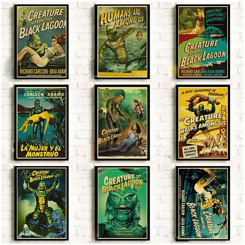 Póster de película de terror americana Vintage, pegatinas con impresiones artísticas de pared Retro de alta calidad para el hogar, criatura del laguna negra