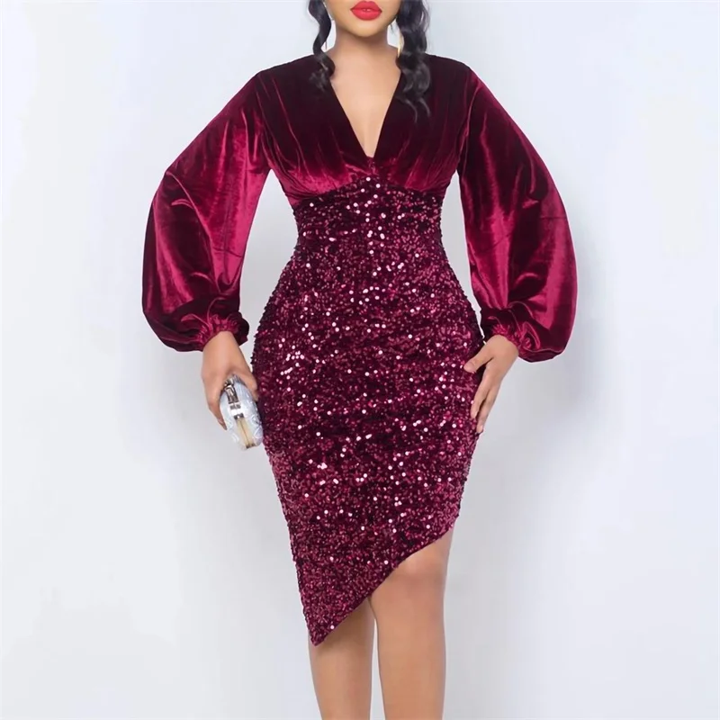 Sequins Golden Velvet 1 Piece Women Prom Dress Deep-V Neck Puff Sleeve Party Gown Tight Waist Hip Wrap Skirt New Design In Stock