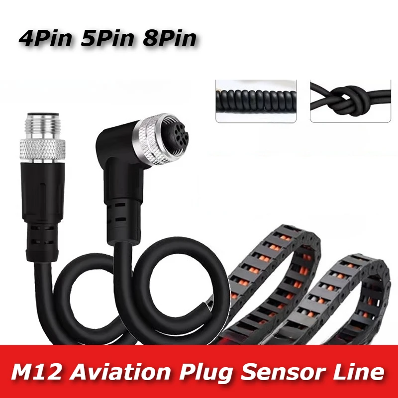 M12 Connector Cable A Code 4Pin 5Pin 8Pin Male Female Plug Straight Elbow Sensor Extension Wire IP67 Waterproof Robot CNC Vision