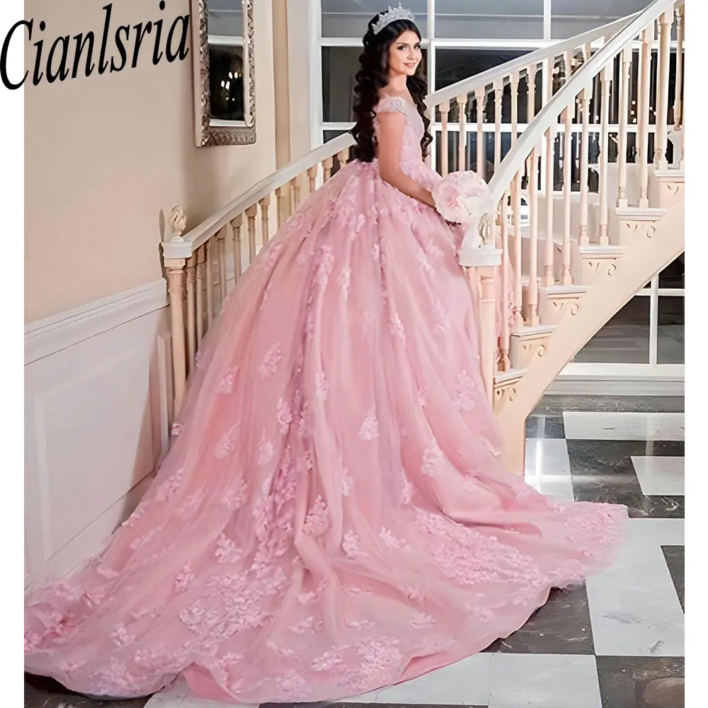 Vestido De baile De encaje con apliques rosas, quinceañera, corsé con cuentas y hombros descubiertos De cristal, 15 Años