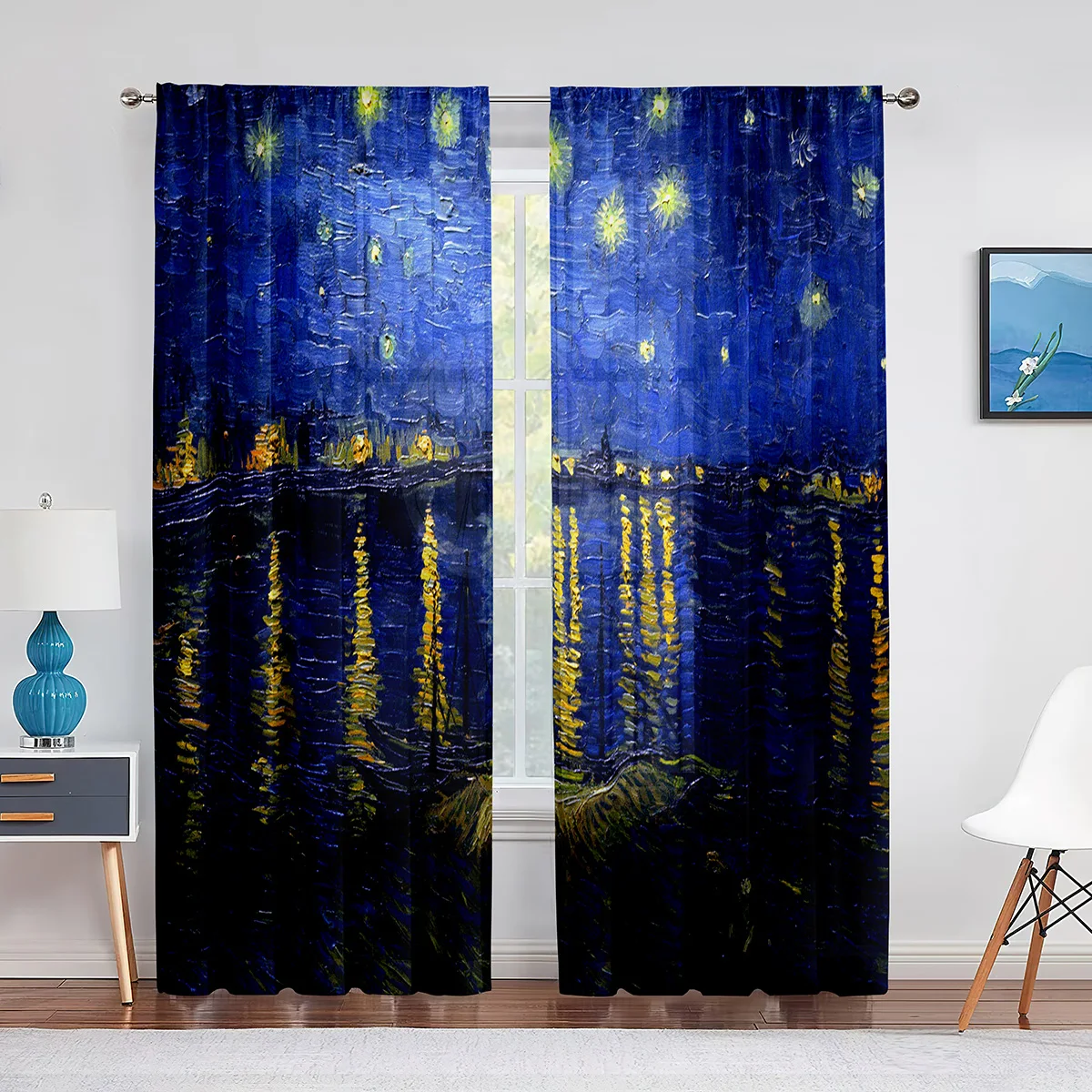 Starry Night Voile Curtain Printed Van Gogh Stars Art Decorative Chiffon Tulle Curtains for Living Room Bedroom Kitchen Decor