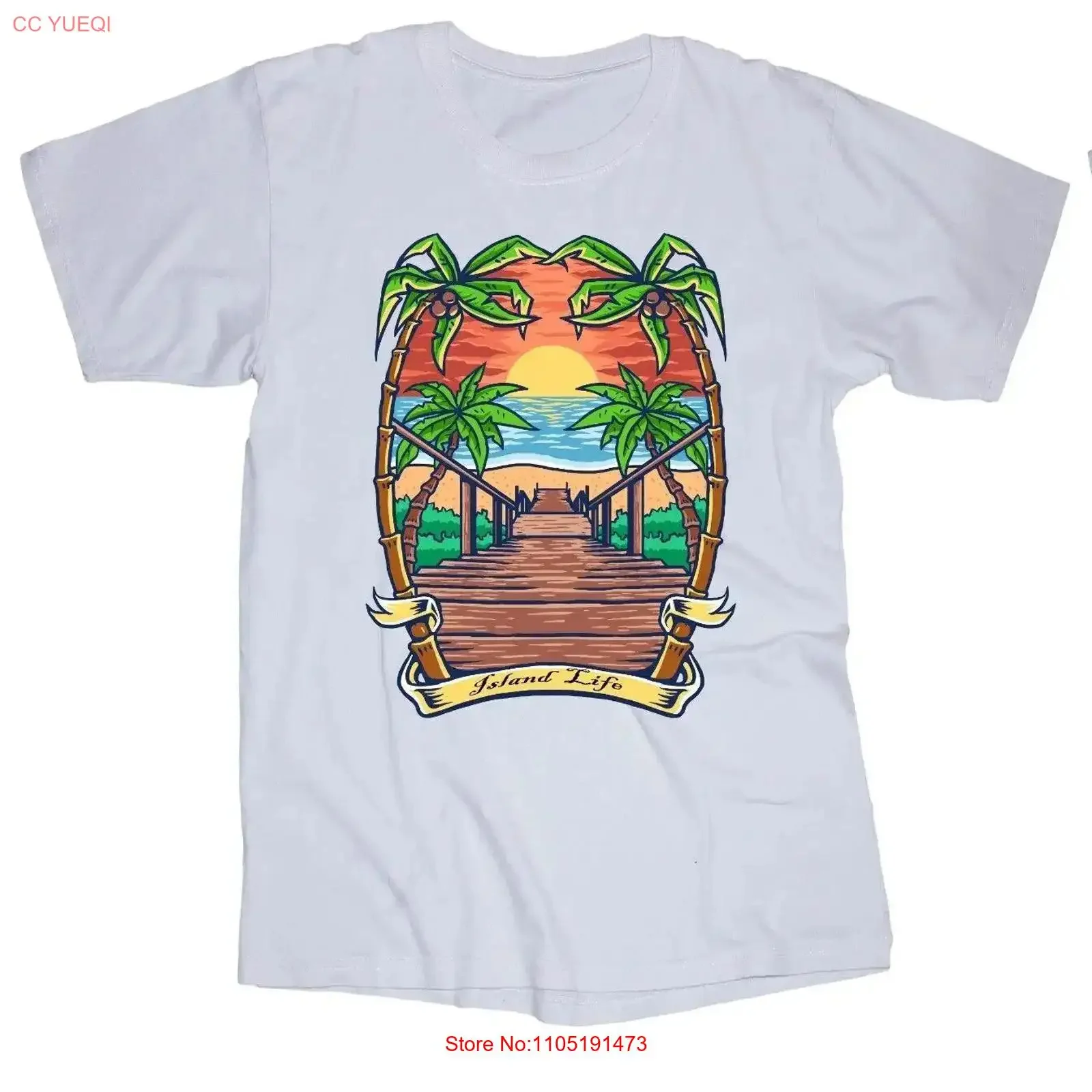 Island Life-Camiseta blanca con ondas del océano caribeño, palmera, puesta de sol, Paridise walk, vintage, lavada, elegante, ligeramente estirada