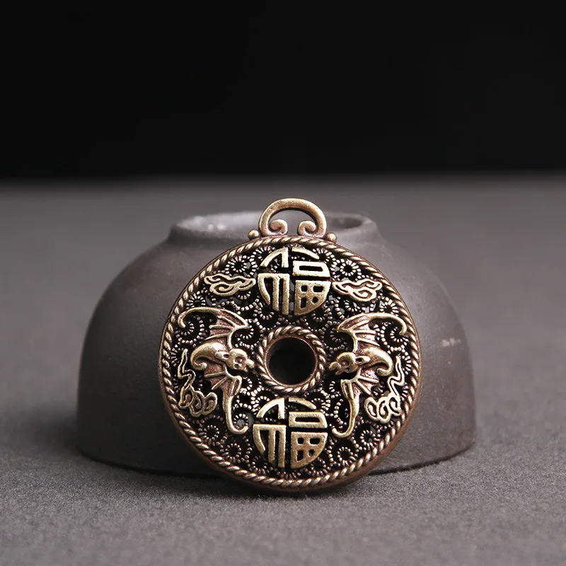 Brass Hollow Wufu Linmen Figurines Miniatures Round Keychain Pendant Creative Crafts Gift  Feng Shui Decoration Accessories