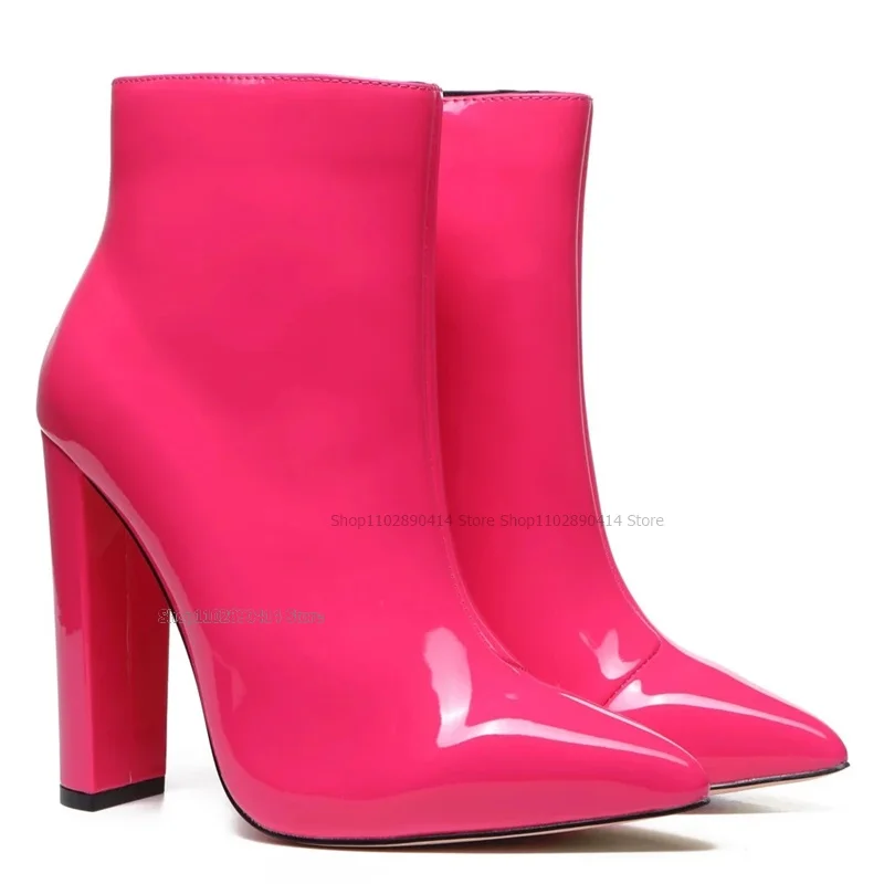 Botas puntiagudas de charol Para mujer, Zapatos de media pantorrilla con cremallera lateral, tacones altos gruesos, a la moda, color rojo y rosa, 2023