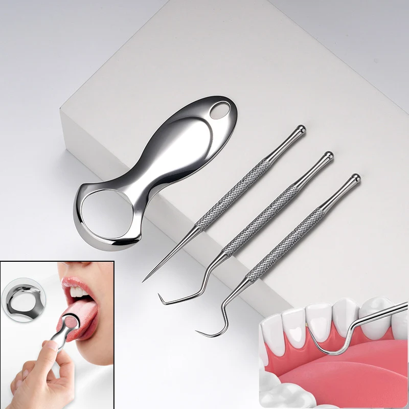 4 pcs/box Tongue Scraper Cleaner for Adults Surgical Grade Eliminate Bad Breath Mini Stainless Steel Tongue Scraper Set Reusable